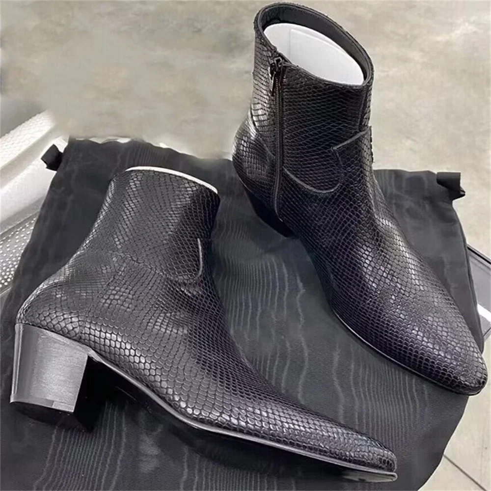 

6cm Sole Dress Wedding Men Handmade Customize Serpentine Real Picture Cowhide Pionted Toe Slim FIT Wedge Denim High Heel Boots