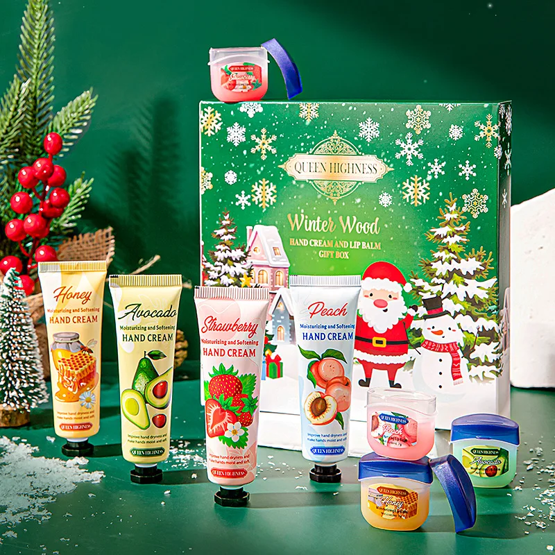 Lip Mask Hand Cream 8Pcs Christmas Gift Set, Fruit Scent Moisturizing Hand Cream Lip Mask Kit, Hydrating Anti-Dry Skincare Set