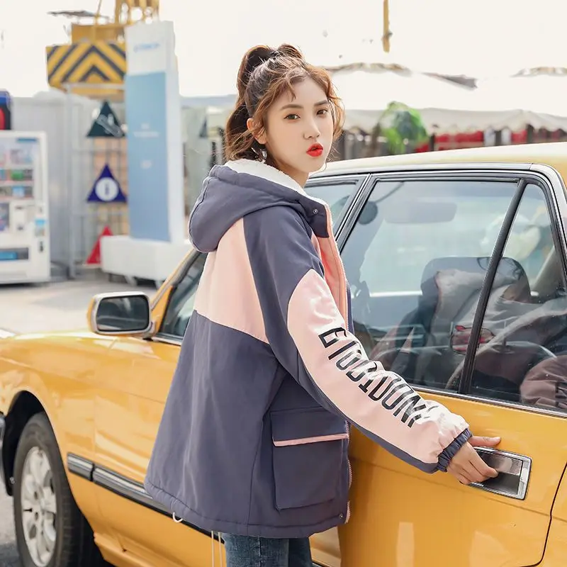 Winter New Women Hooded Parkas Plus Fleece Windproof Warm Snow Wear Woman Trend Contrast Color Big Pocket Cotton-Padded Jacket