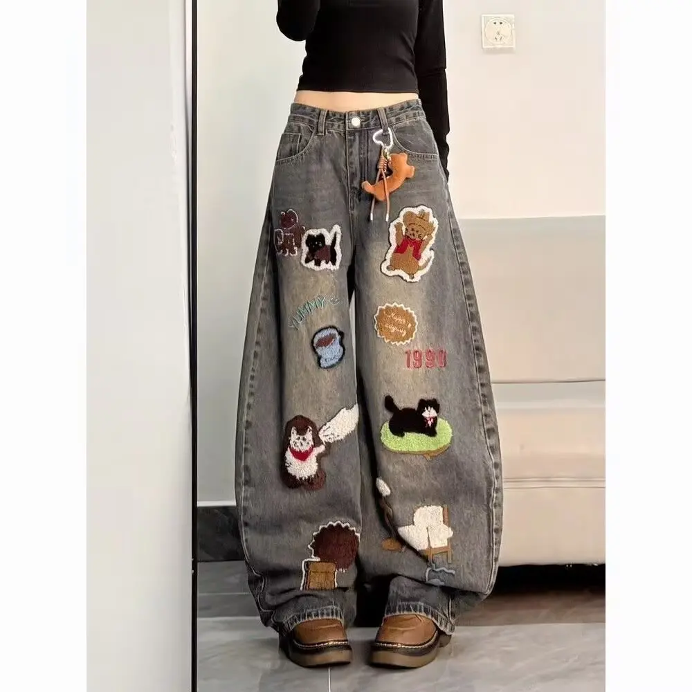 

American High Street Cartoon Embroidered Wide Leg Jeans Men Spring Trendy Design Sense Pants Haome Knife Jeans