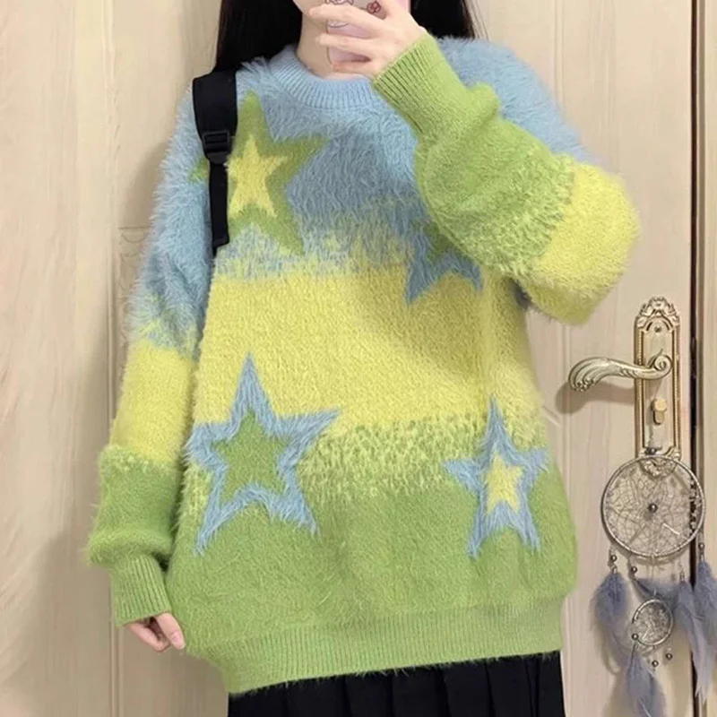 

Американский винтажный кашемировый свитер со звездами из искусственной норки, женские свободные вязаные джемперы с длинными рукавами, пуловер в консервативном стиле с круглым вырезом в стиле ретро, новинка