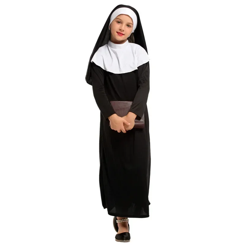 2026 Girls Christian Catholic Religion Missionary Nun Black Costume Child Halloween Book Week Purim Party Fantasy Fancy Dress