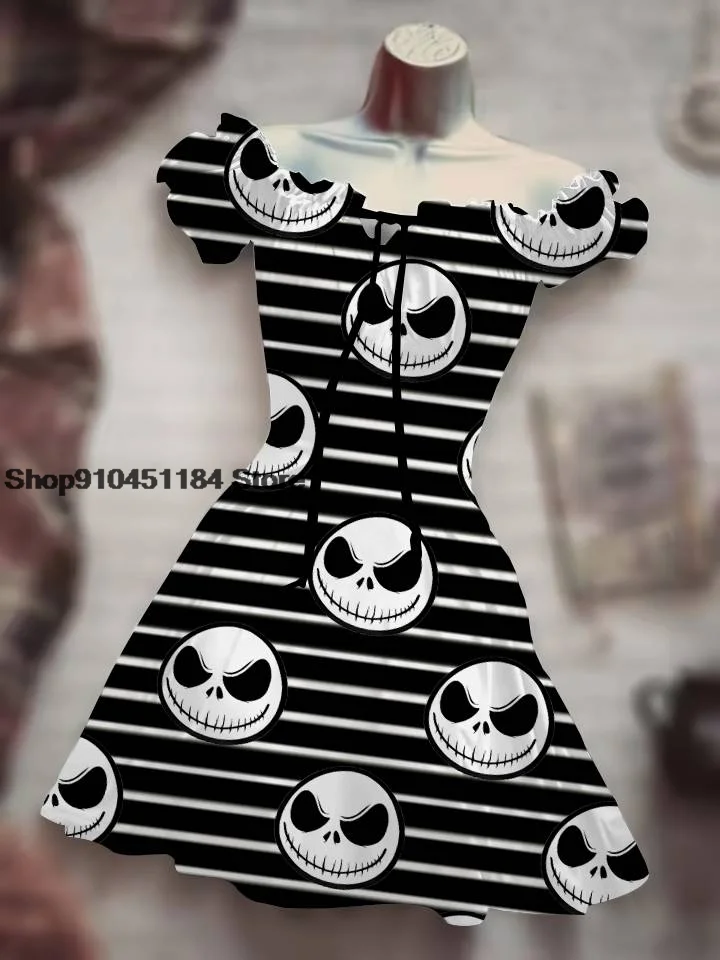 2022 Summer Drawstring Personalized Clothing Halloween Costume Skull 3D Print Skirt Hawaiian Bohemian Puff Sleeve Sexy Dress