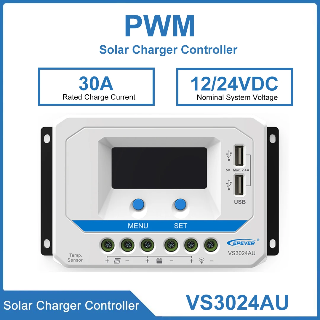 

Контроллер солнечного зарядного устройства EPEVER VS3024AU 12 В 24 В с подсветкой ЖК-дисплея, двойной USB-регулятор фотоэлектрического зарядного устройства для солнечной дома