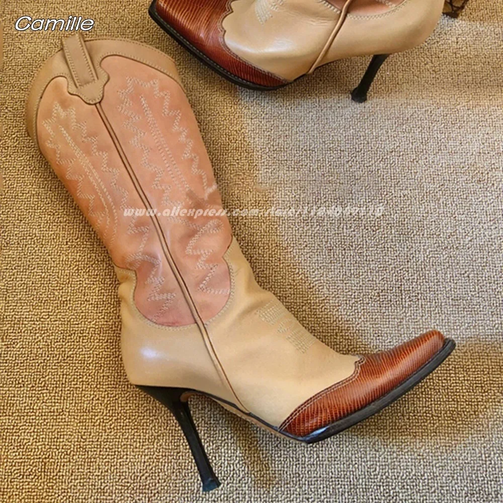 Cow Split Leather Mixed Color Wineglass High Heel Boots Autumn/Winter Grace Lady Knee High Boots Pointed Toe Slip On Sexy Boots