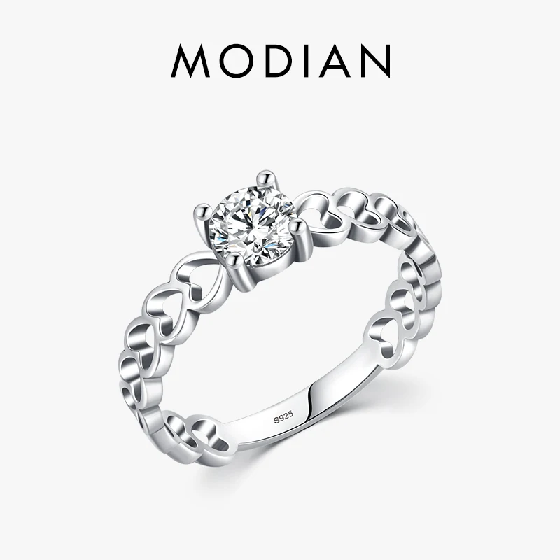 

Modian 925 Sterling Silver Romantic Hollow Hearts Promise Ring For Women Fine Jewelry Sparkling Round 5mm CZ Rings Fine Jewelry