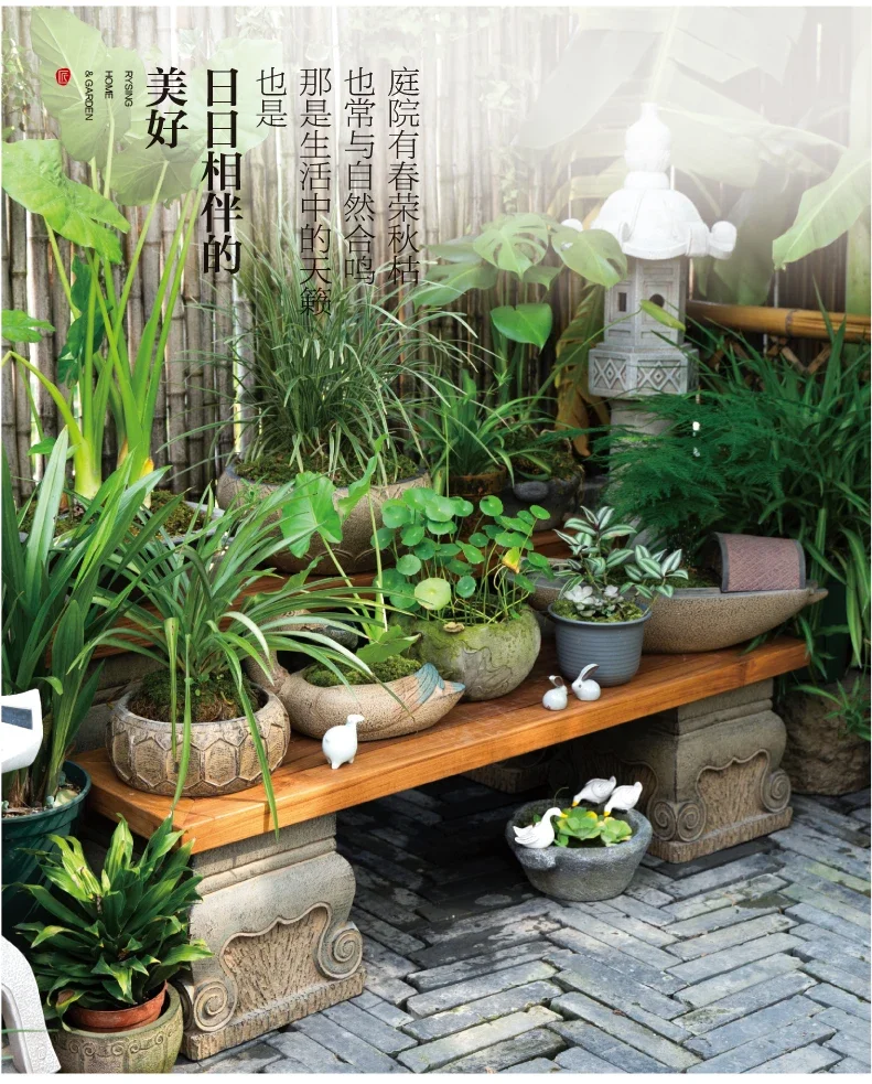 Terrace Garden Layout, Teak Chinese Outdoor Flower Rack, Terrace Courtyard Landscaping, Decoration, Bonsai Storage Rack
