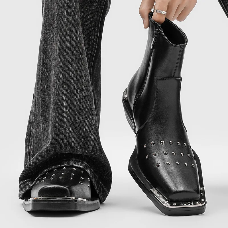 mens fashion punk gothic high chelsea boots designer square toe rivets shoes cowboy natural leather boot cool ankle botas hombre