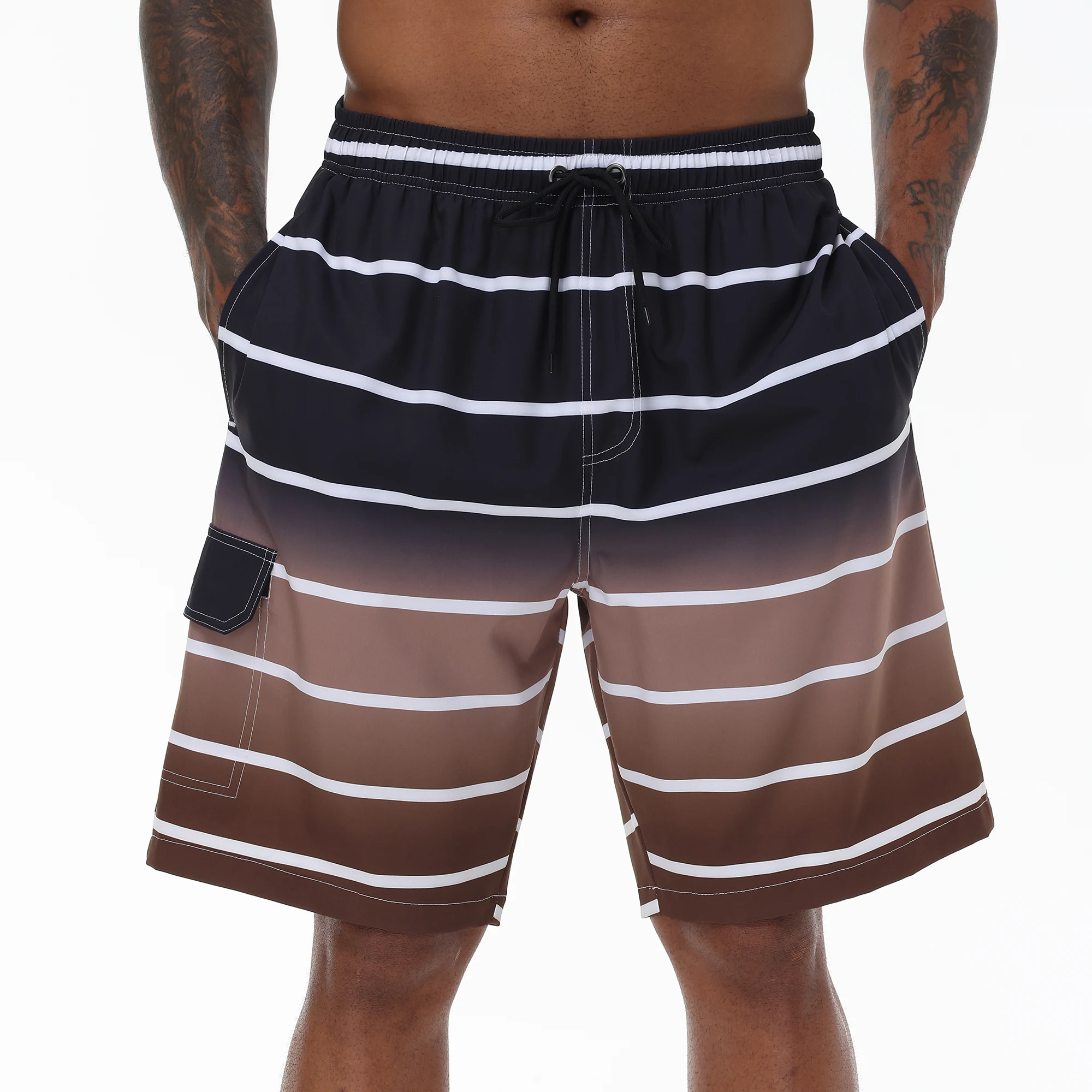 Men's Strip Swim Trunks Board Swimming Shorts Quick Dry Beach Shorts with Zipper Pockets and Mesh Lining