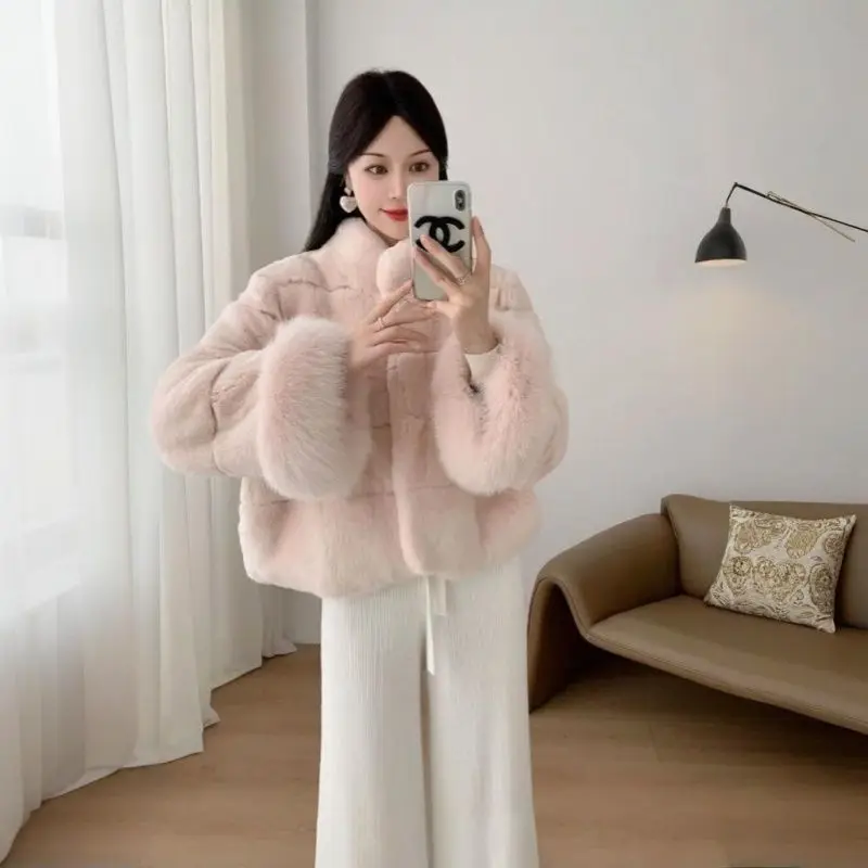 الشتاء النساء معطف فرو الأرنب الصناعي الوقوف طوق تقليد فرو المنك نصف كم سترة فروي الثعلب الشعر سترة يتدفقون الفراء القمم