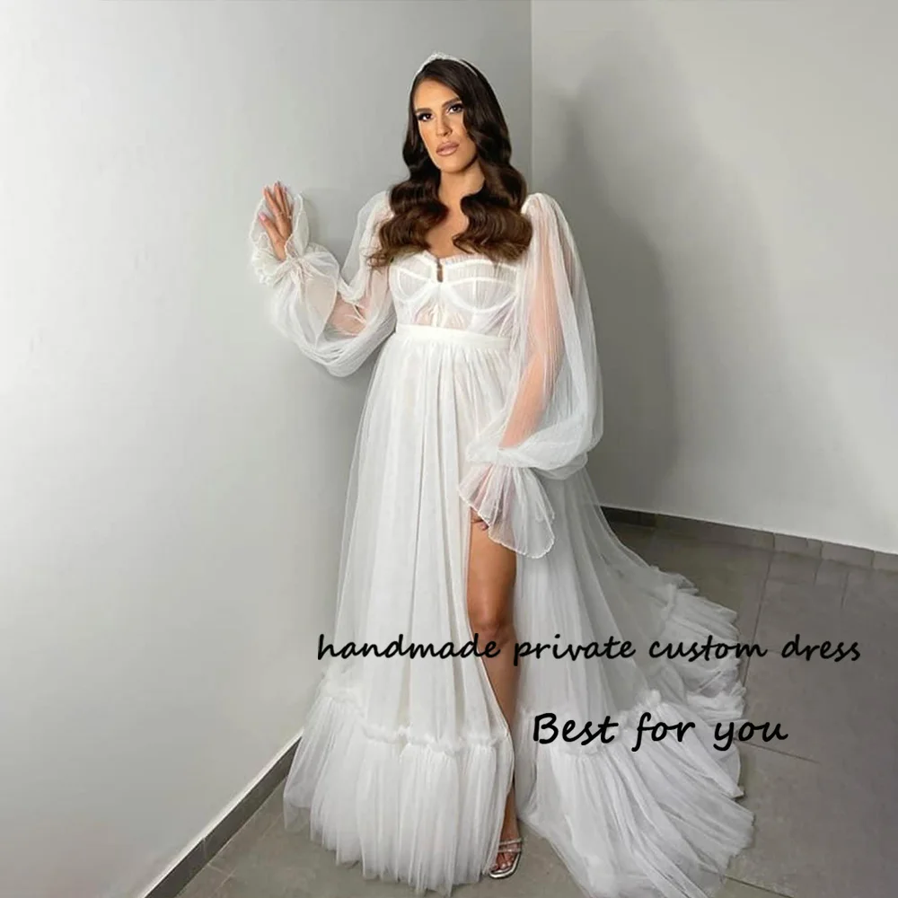 

White Tulle A Line Wedding Dresses Puffy Long Sleeve Side Split Boho Wedding Bride Dress Customized 2023 Bridal Gowns