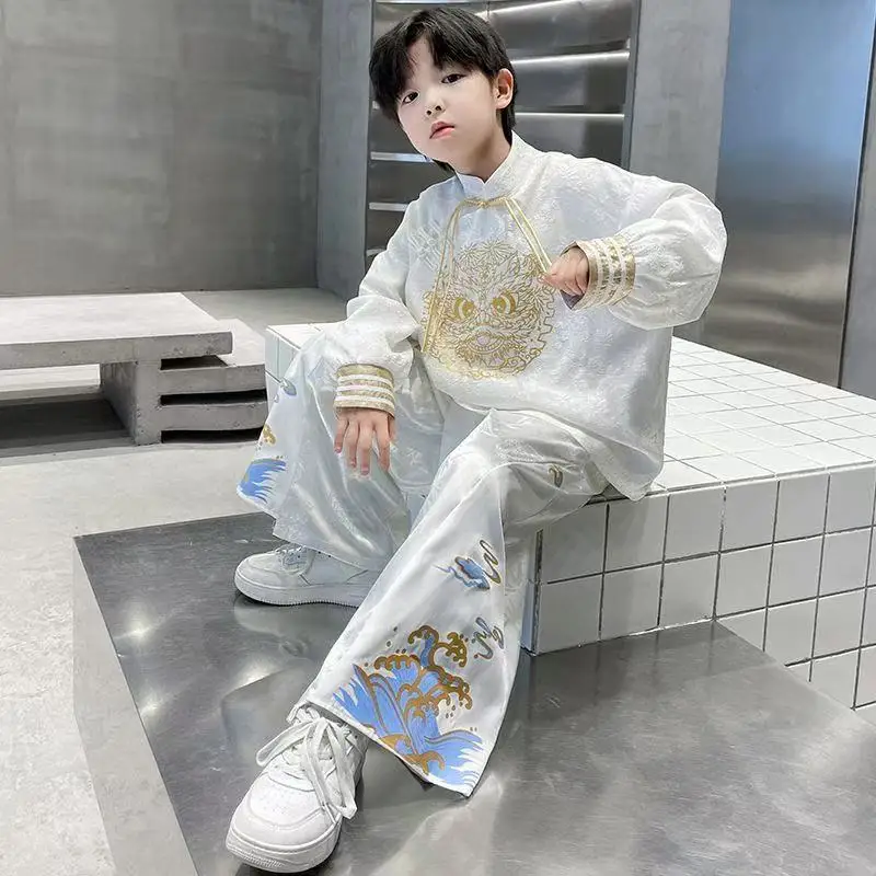 جديد النمط الصيني التنين التطريز قميص علوي فستان أطفال مع سروال داخلي الأولاد ملابس تقليدية كول الشارع موضة ملابس الاطفال تانغ البدلة