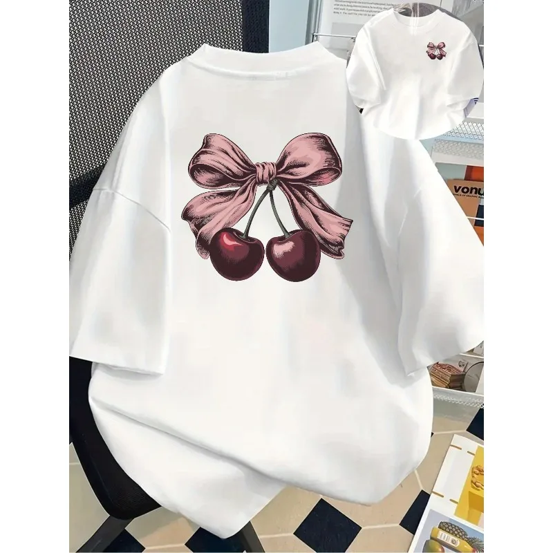 

Women's Retro Cherry Bow Printed T-shirt Soft Pink Casual Round Neck Top Machine Washed Comfortable Women's Fashion T-shirt