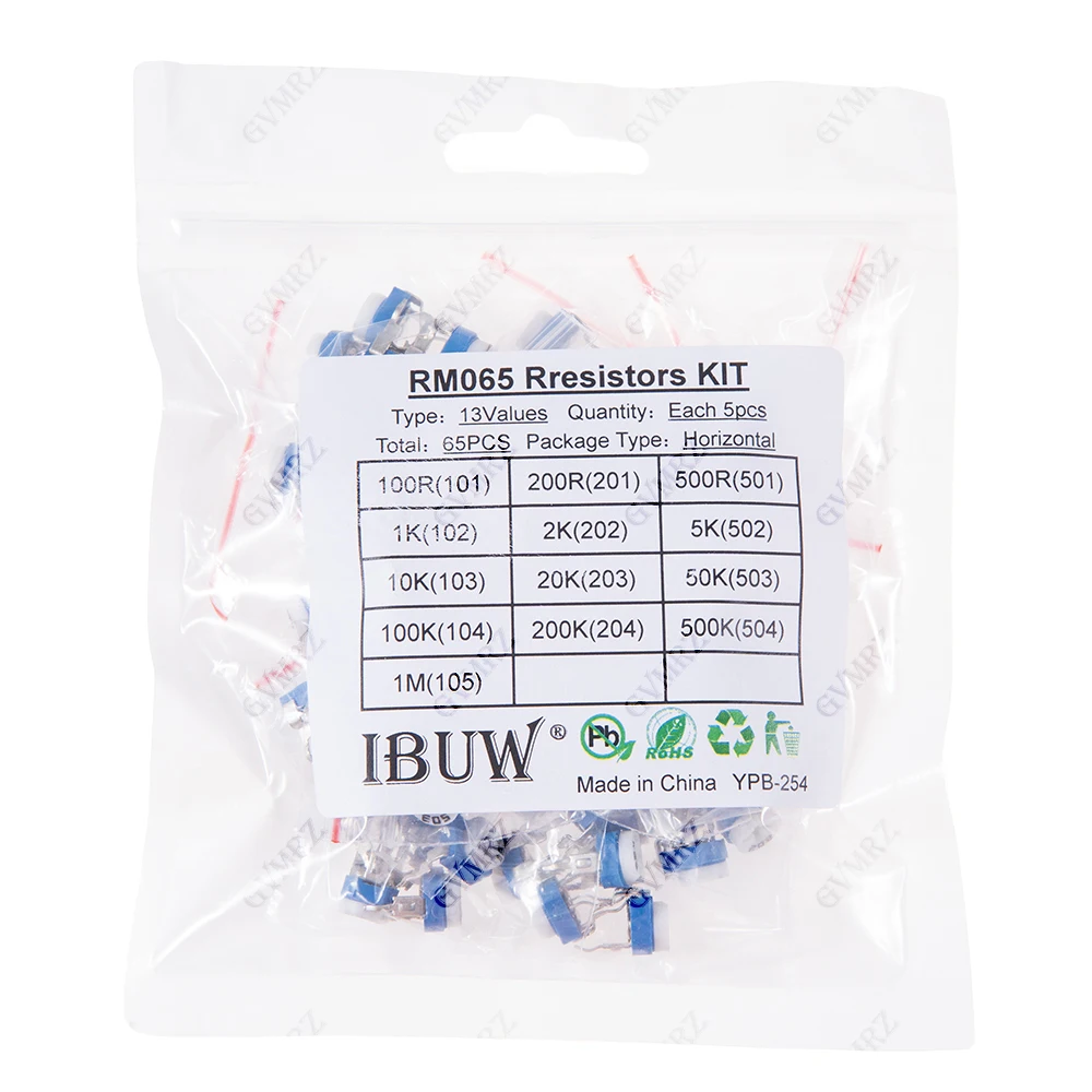 65PCS Trimmer Resistor RM063 Adjustable Resistance 100R~1M Potentiometers 1K 5K 10K 20K 50K 100K 500K 1M