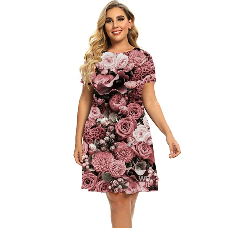 3D Rosa Rose Floral Print Kleider Frauen 2023 Mode Sommer Blume Thema Kurzarm Kleid Streetwear Lose Plus Größe Kleidung