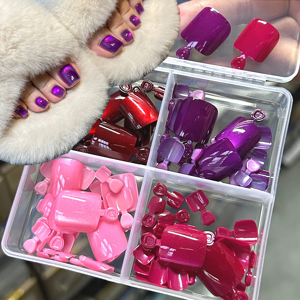 

96pcs/box Pink/Red/Purple High-gloss Cat Eye Fake Toenails Purple Square Full Cover Press-On Toenails Elegant False Toenails