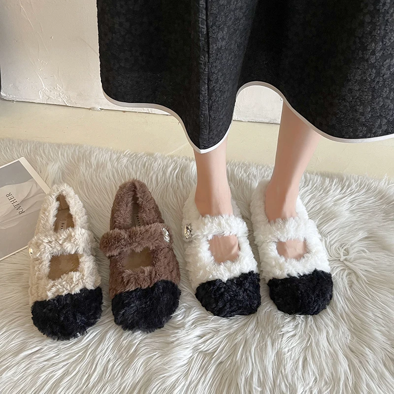 Winter New French Color-blocking Flat-bottomed Plush Shoes with Velvet To Keep Warm A Pedal Peas Shoes Women's Cotton Shoes