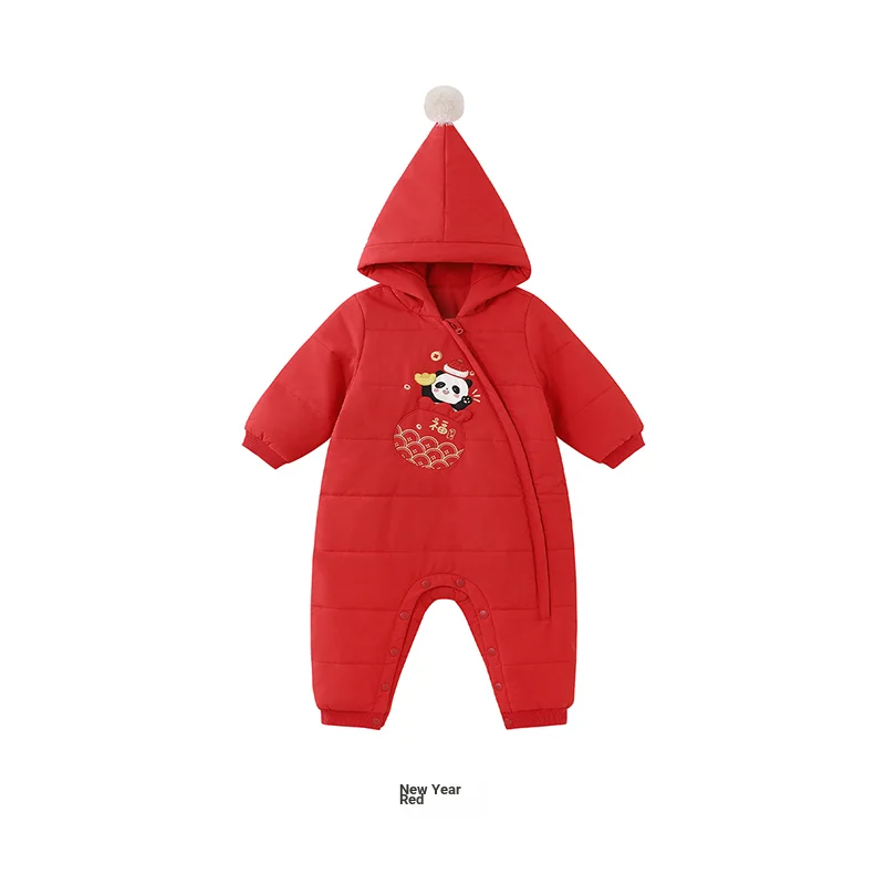 

Red New Year Baby Jumpsuit Toddler Romper Hooded Warm Thickened Onesie Panda Print Baby Clothes Bebe Newborn Items One-Piece Out
