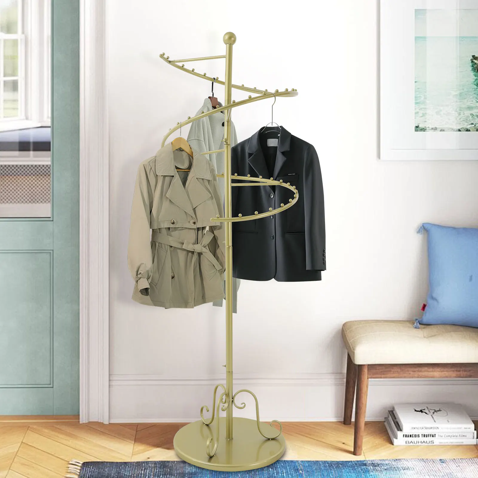 Spiral Rotating Clothing Rack, Heavy Duty Garment Rack, Sturdy Freestanding Hanger, Center Placement Hanging Rack, Iron Display