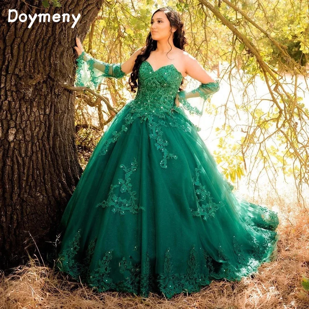 Doymeny-modernos vestidos Quinceanera Flare, mangas compridas, apliques frisados, doce 16 vestido, 15 anos, personalizado