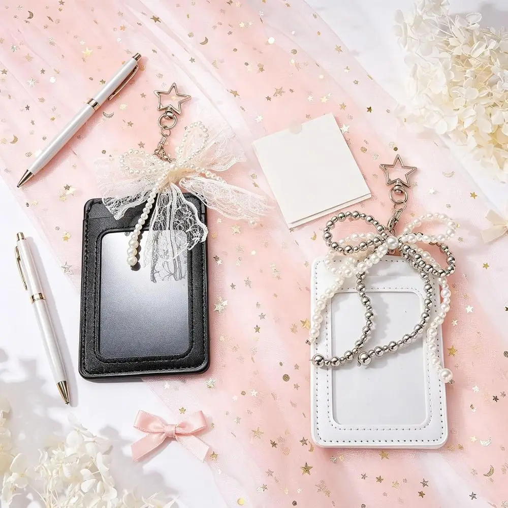 New PU Leather Cute Photocard Holder Pearl Bow Star Keychain Photo Storage Pouch INS Style Lace ID Card Case Girls