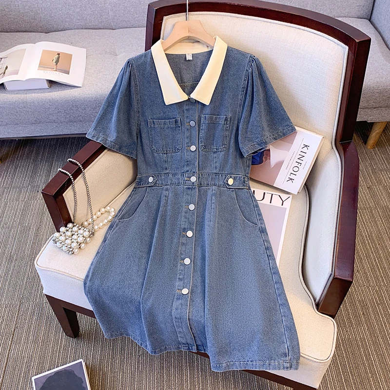 EHQAXIN New Women's Denim Dress Fashion 2024 Summer Elegance Casual Button Denim Polo Neck Short Sleeve Cardigan Dresses M-4XL