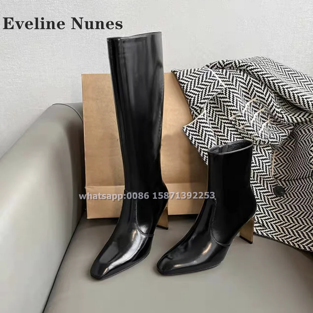 

Golden Blade Heel Black Booty Square Toe Height Increasing Patent Leather Knee High Boots Solid Sexy Fashion Booties 2024 Autumn