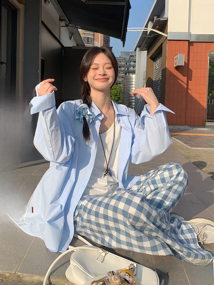 

Loose Long Sve Thin irt Women's Casual Sle Korean Faion Song Zhengen Light Blue Spring Autumn Season Top Coat