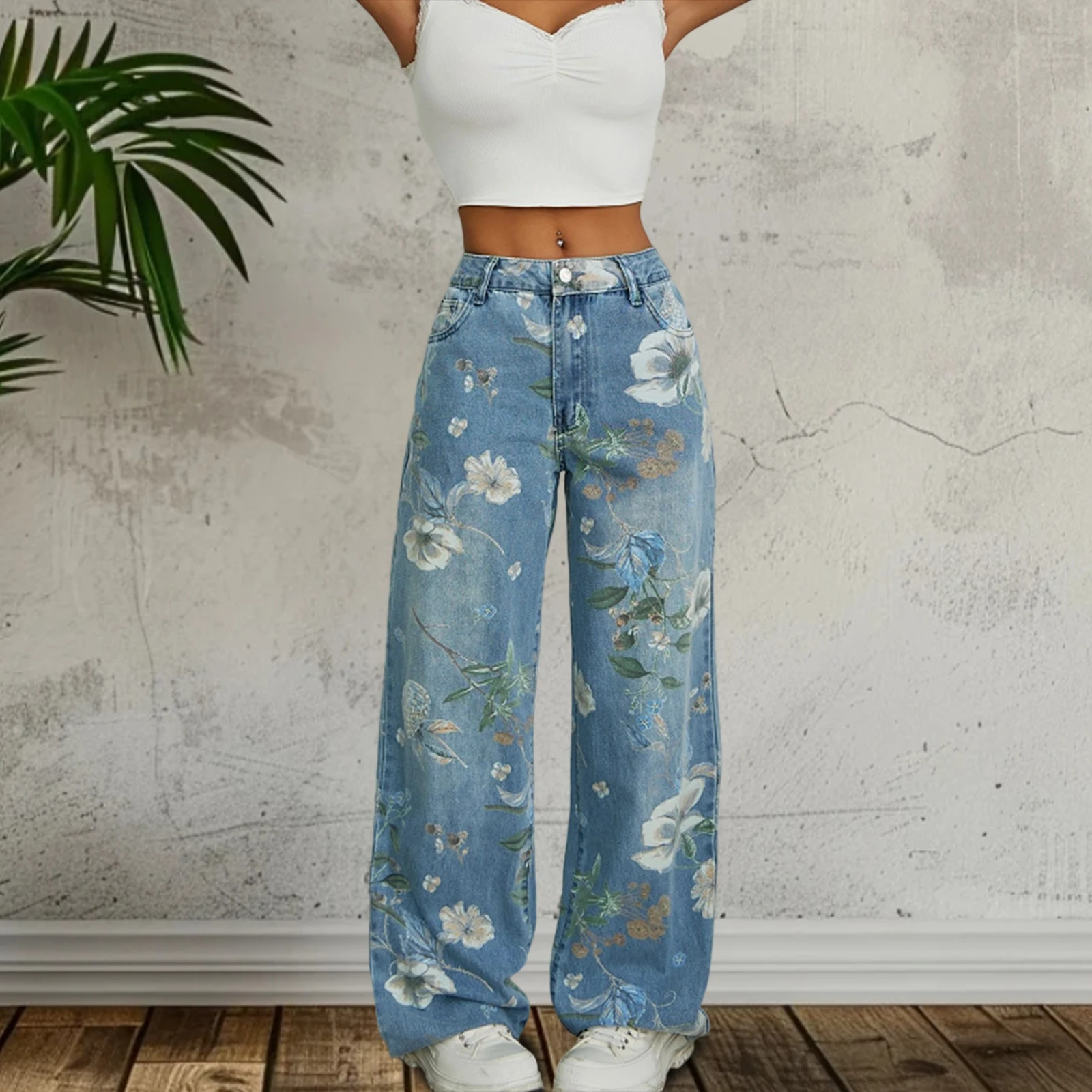 2025 Women's Floral Print Embroidery Denim Pants Lightweight Mid Waist Loose Wide Leg Jeans Trousers