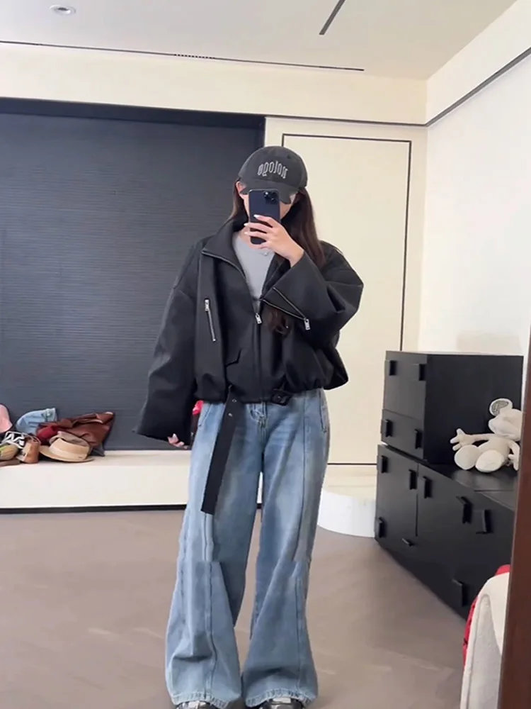 Doce e legal design gola de pé motocicleta jaqueta de couro feminino outono novo solto curto versátil lapela casaco