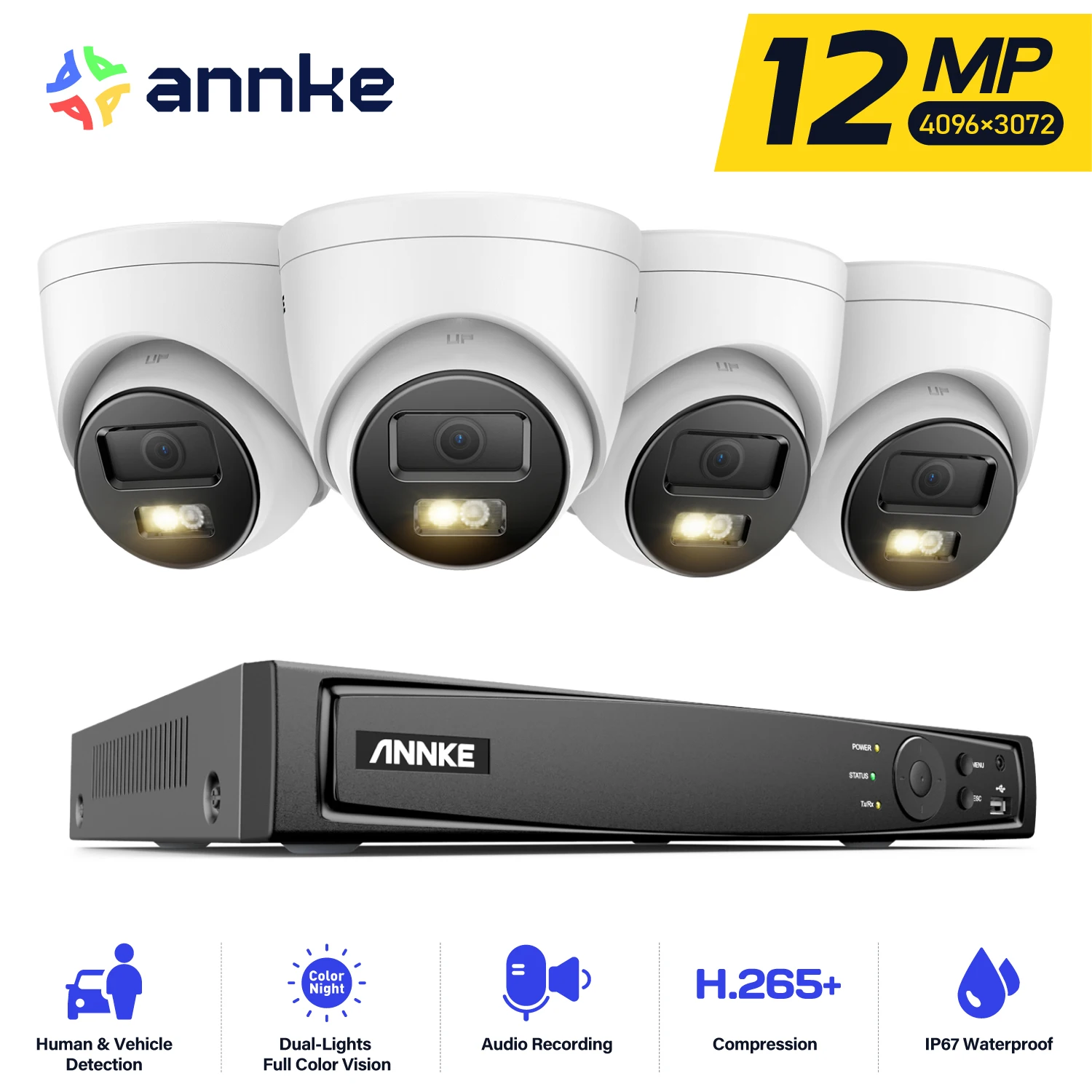 ANNKE 12MP Dual Light Smart Video Surveillance Kit 4PCS POE Camera WIth 12MP NVR Smart Home Camera 8CH NVR Outdoor Built-in mic