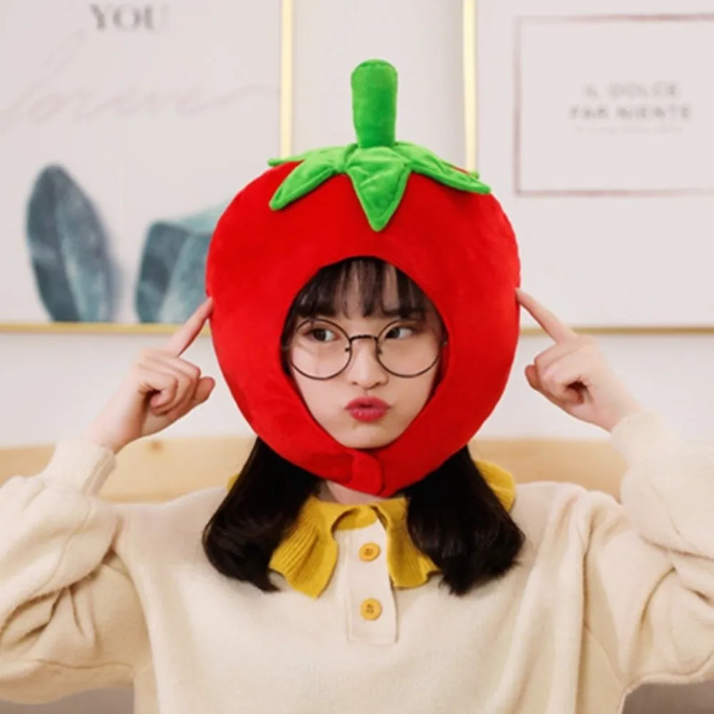 Gorro de felpa con forma de tomate, gorro con orejeras cálido y esponjoso de dibujos animados, gorro de Cosplay súper suave, accesorios para fotos