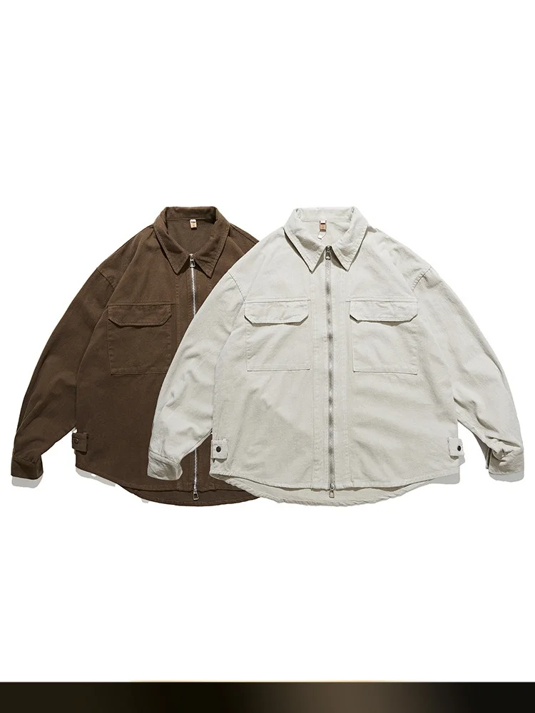 

American Sle Vintage Workwear irt Jaet for Men Autumn Season ket Detail Collared Loose Fit Long Sve Cotton Outerwear