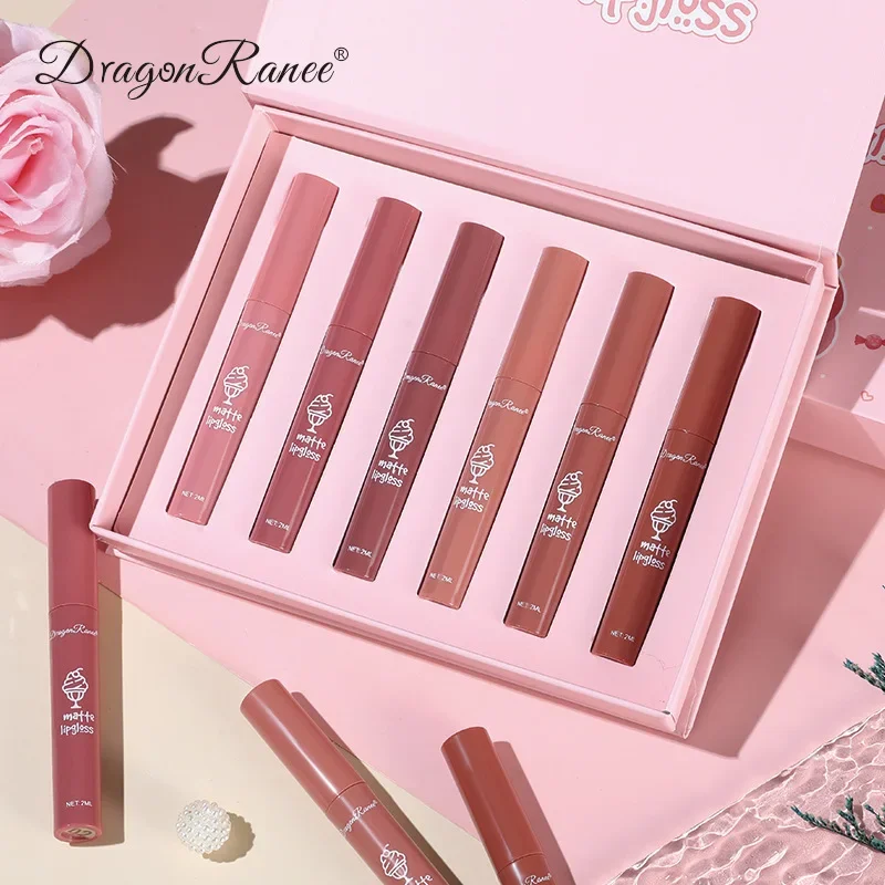 Dragon Ranee 6-pcs Matte Lip Gloss Set Velvet Moisturize Texture Waterproof Non Stick Daily Makeup Liquid Lipstick Gift Box 2g*6