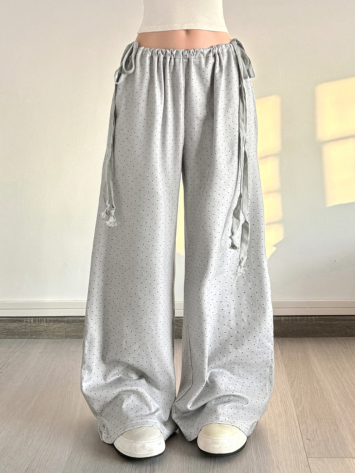 

Low Waist Polka Dot Belted Wide Leg Casual Pants Street Style Dance Wear Basic Loose Long Trousers for Young Women