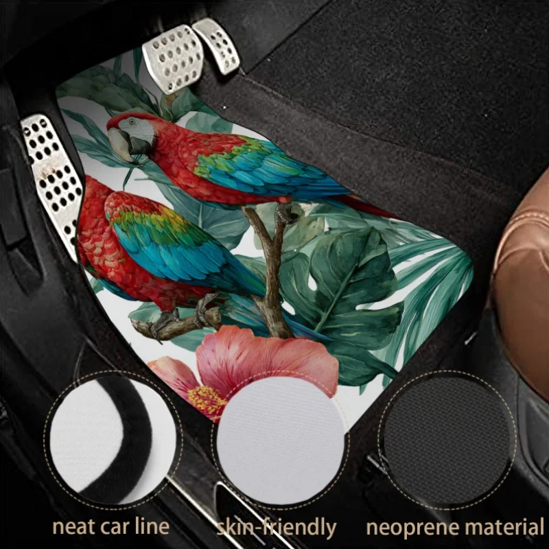 Set Of 4 Non-Slip Car Floor Mats Featuring Tropical Parrots And Hibiscus, Suitable For Front And Rear Use. These Decorative Carp