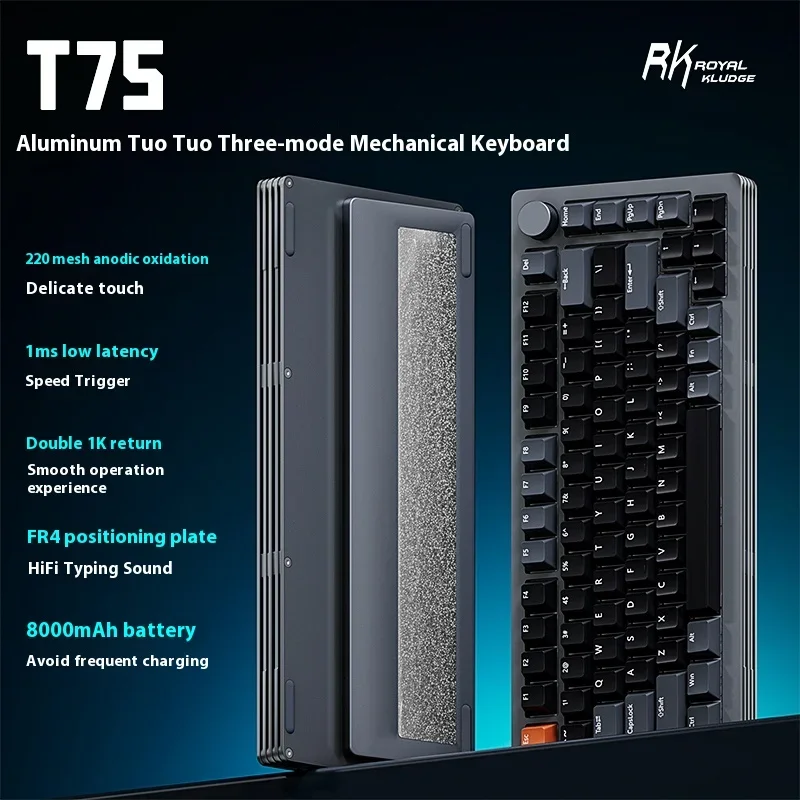 

RK T75 Aluminum Mechanical Keyboard Wireless Tri-Mode Gamer Hot Swap Gasket 75% Layout Customized Office Gaming Keyboard