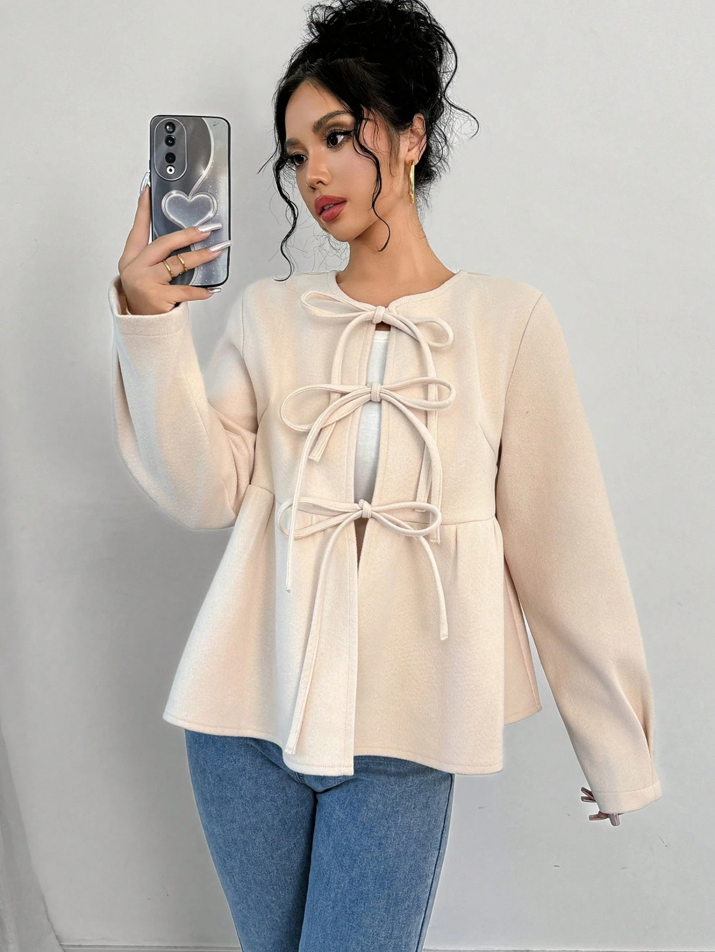 여성용 스위트 보타이 허리끈 숏 코트, 빈티지 스타일 라운드넥 벨 슬리브 슬림핏 울 코트