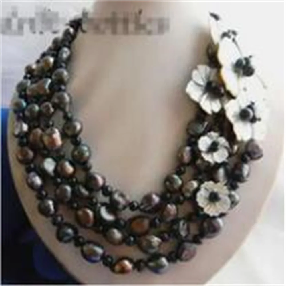 4Srands 18\'\' 12mm Black Coffee White Baroque Round Freshwater Pearl Shell Flower Necklace