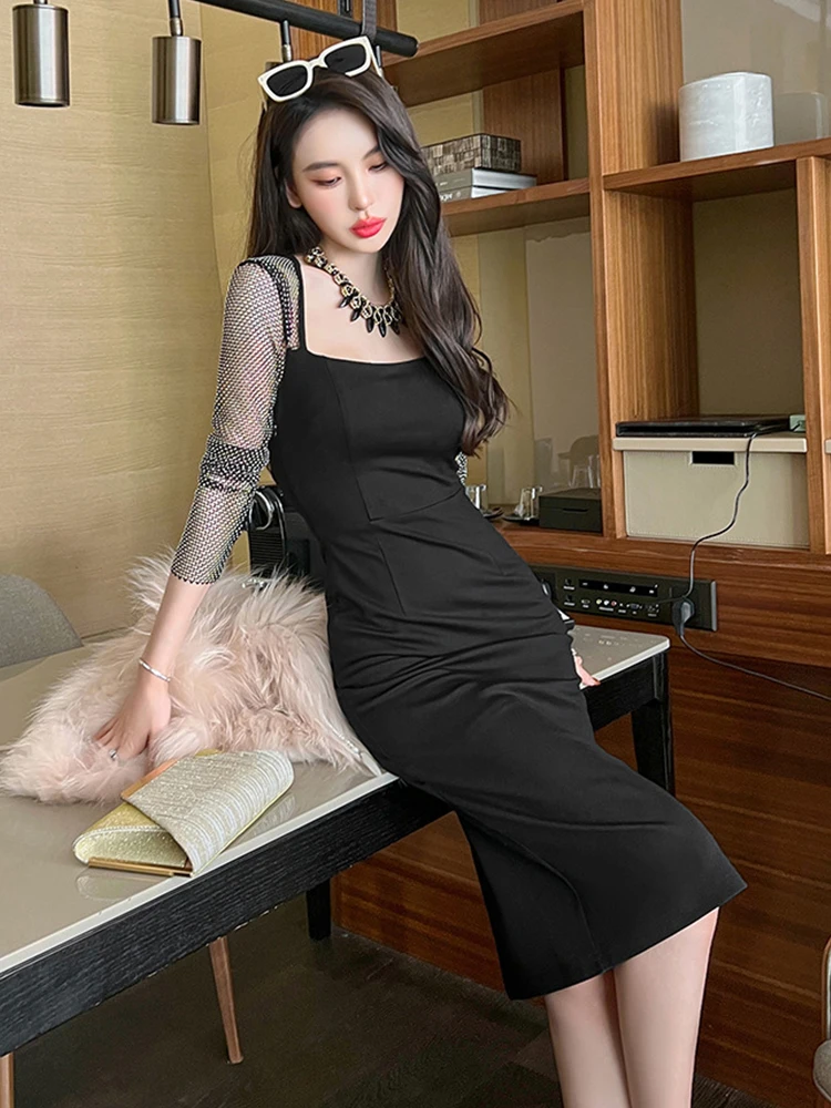 Abito longuette donna primavera elegante Casual Sexy nero trasparente maglia strass manica lunga borsa fessura dell'anca vestito Femme Vestido Para Mujer