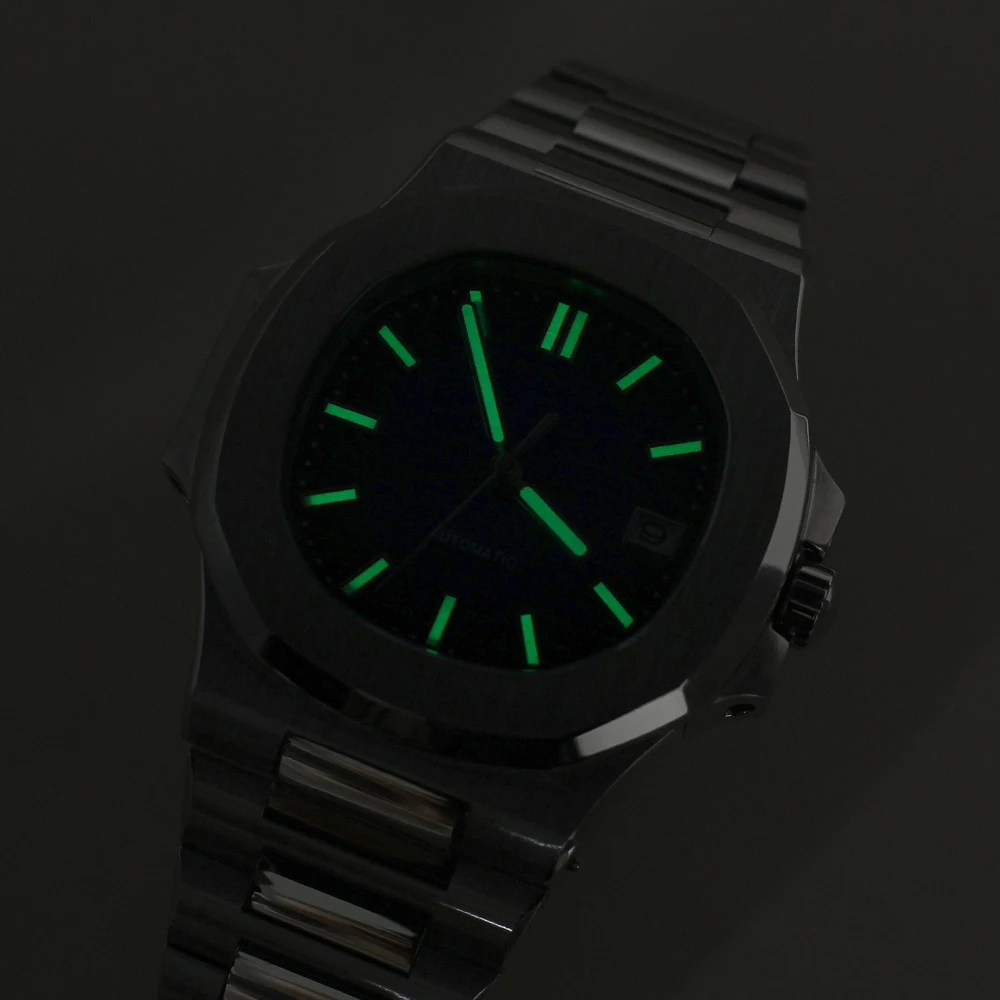 NH35 Movement Assembled Watch Modified Nautilus Model 316L Stainless Steel Case Rubber Strap Luminous Dial