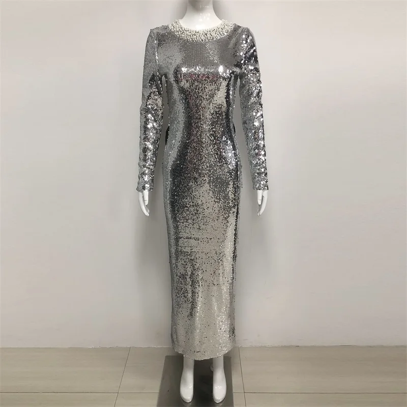 Silver Sequins Pearls Prom Dress Sexy Backless Full Sleeves Bow Long Party Gown Formal Wedding Guest Birthday Evening Robe