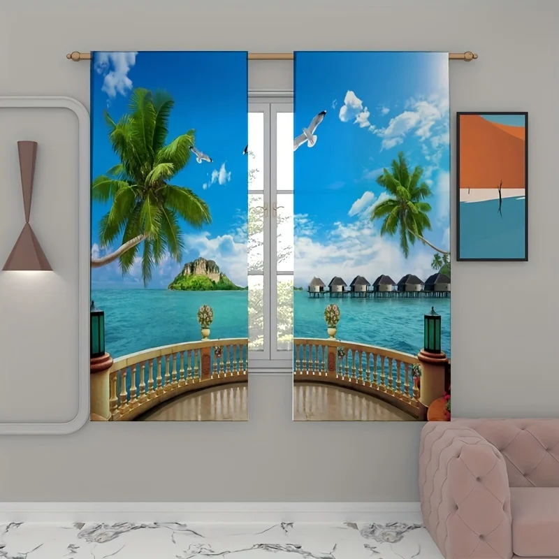 Tropical Beach Curtain Panels Ocean View Resort Curtains Waterproof Drapes for Window Home Decoration Paradise Vacation Style De