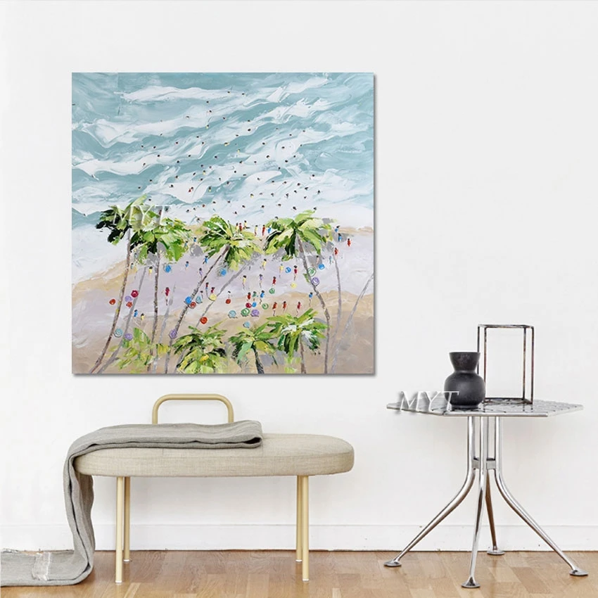 

Linen Canvas Wall Art Abstract Artwork Seascapes Oil Painting Knife Design Unframed Modern Picture Children On Beach Paintings