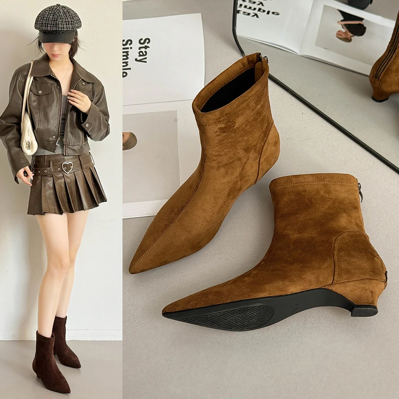 

2025 Autumn Winter Simple hot selling and fashionable Short Boot Pointed Toe Low Heel Slim Fit Booties Elastic Mid-Calf Boots