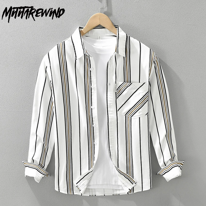 

Harajuku Simple Long Sleeve Striped Shirt Men Spring Fall Daily Causal Mens Shirts Pure Cotton Soft and Comfortable Tops Youth