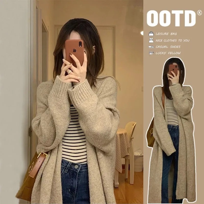 Elegant Knitted Open Cardigan Women's plus Size Loose Knee-Length Vintage Long Sweater Coat Warmth Heat Pure Color Commute Style