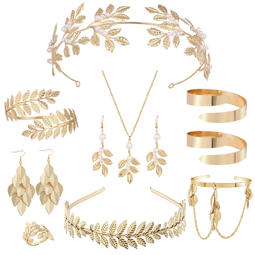 Bride Leaf Hair Hoops Baroque Gold Headwear Bracelets Earrings Arm Rings Jewelry Set Wedding