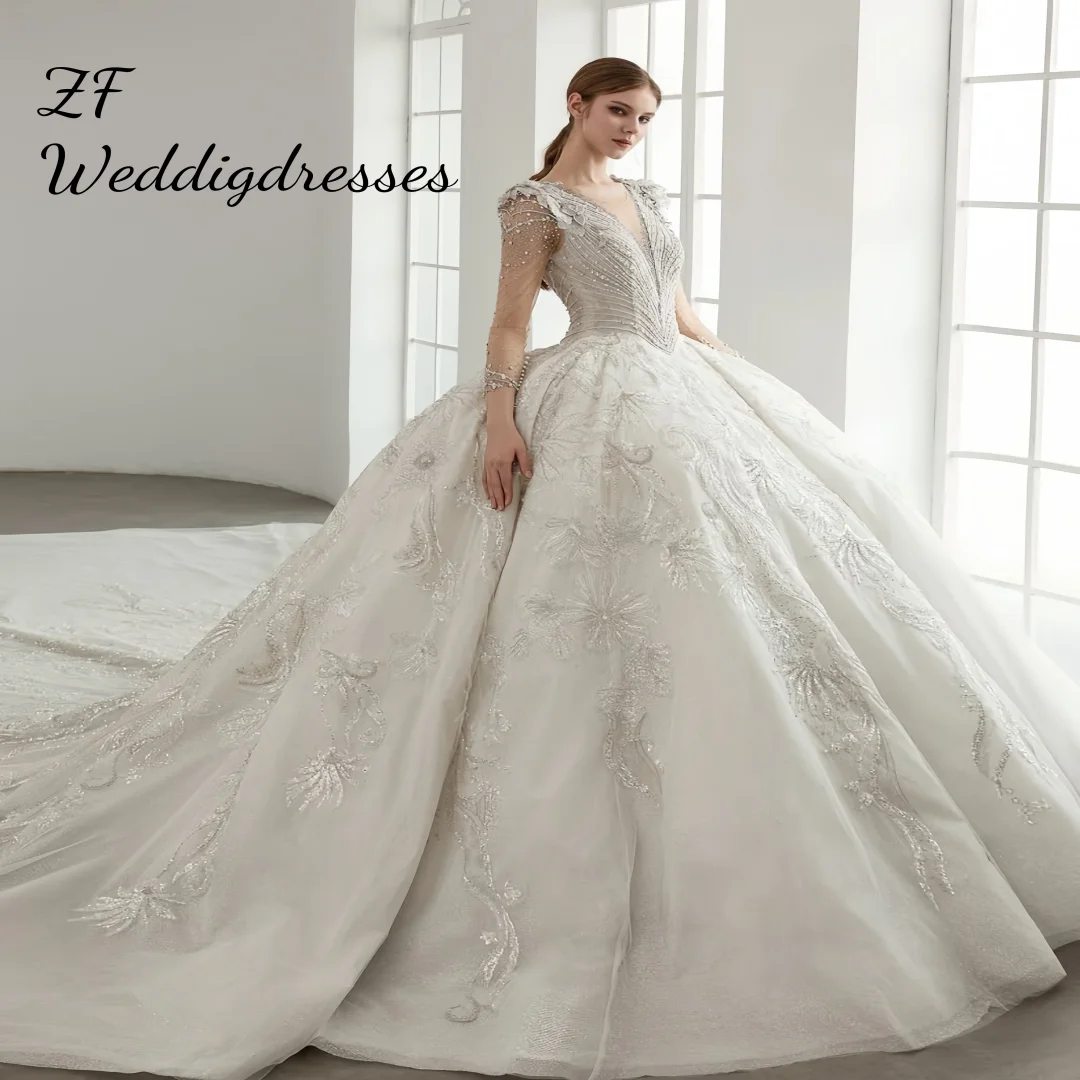 Maßgeschneidertes, langärmliges Ballkleid mit V-Ausschnitt und Perlen, luxuriöses Hochzeitskleid, Vestidos de Novia