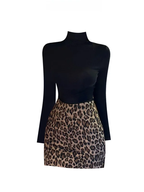 

Комплект из облегающего топа с высоким воротником и юбки для женщин: леопардовый принт, облегающий силуэт, зимний модный ансамбль
